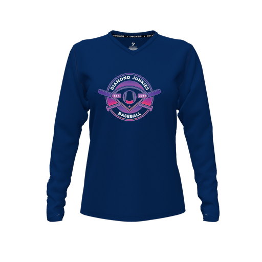 [CUS-DFW-TEES-CMF-VNK-LSL-NVY-FYXS-LOGO1] Decker Comfort T-Shirt (Female Youth XS, Navy, V Neck, Logo 1, Long Sleeve)